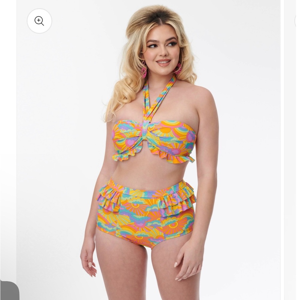 Unique Vintage Happy Groovy Rainbow Ruffle Swim Bottom